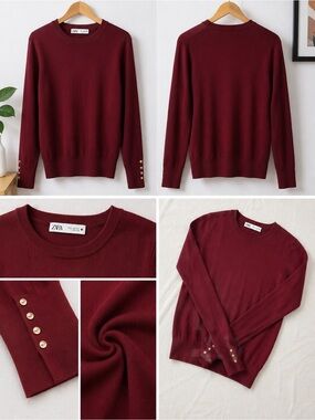 Zara Wine Crewneck Sweater with Gold Sleeve Buttons